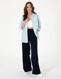 A__k Mavi Oversize Uzun Kollu %100 Keten G_mlek