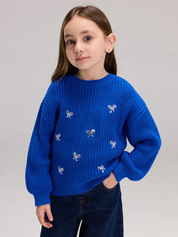 Bisiklet Yaka Pul ??lemeli K?z ?ocuk Triko Kazak