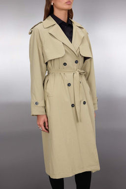 Ac?k Haki Cizgili Astarl? Kruvaze Oversize Uzun Trenckot TWOAW26TR00019 - Trendyolmilla фото 3