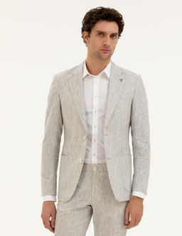 A__k Gri Slim Fit Keten Kar___ml_ Ceket