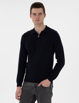 Lacivert Slim Fit Fermuarl_ Polo Yaka Basic Triko Kazak