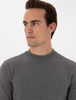 Gri Melanj Slim Fit _eyrek Yaka Basic Triko Kazak