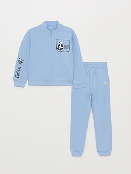 Dik Yaka Bask?l? Uzun Kollu K?z ?ocuk Sweatshirt ve E?ofman Alt?