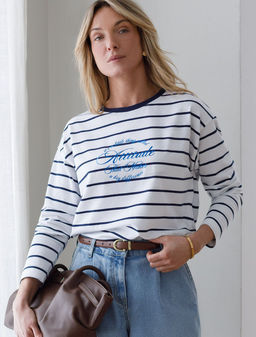 Лонгслив в полоску с принтом из премиального хлопка с эластаном