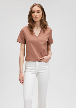 Pamuklu Merserize V Yaka Kahverengi Basic Tisort - Mavi фото 2