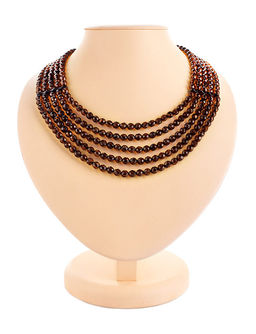 Пятирядное колье из натурального янтаря Карамель тёмно-коньячная алмазная