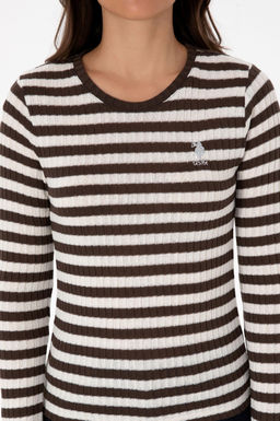 Kad_n Kahverengi _izgili Bisiklet Yaka Sweatshirt