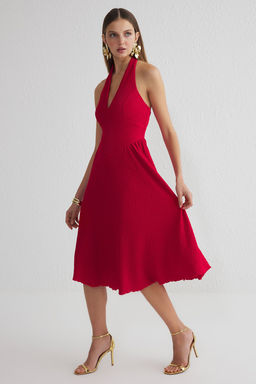 TRENDYOLMILLA Kahverengi A-Kesim V Yaka Dokuma Detayl? Burumcuk Orme S?k Elbise TPRSS25EL00086 фото 7