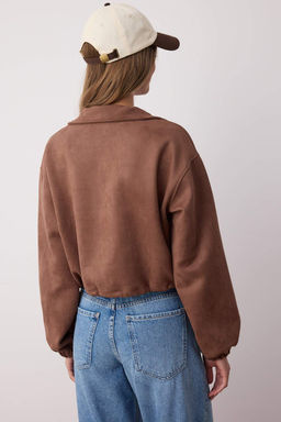 Koyu Kahverengi Duz Fermuarl? Astars?z Regular/Normal Kal?p Orme Suet Ceket TWOAW26CE00011 - Trendyolmilla фото 4