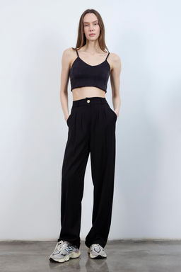 Koyu Kahverengi Yuksel Bel Genis Paca Dokuma Pantolon TWOAW26PL00161