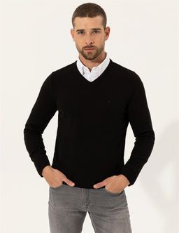 Siyah Slim Fit V Yaka Basic Triko Kazak