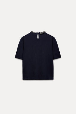PLAIN KNIT TOP WITH BEADED NECK - Zara фото 6