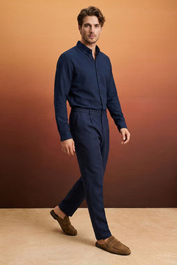 Lacivert %100 Keten Beli Lastikli Regular/Normal Bel Erkek Pantolon TMNSS26PL00026