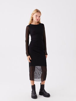 Bisiklet Yaka D?z Uzun Kollu Kad?n Bodycon Elbise