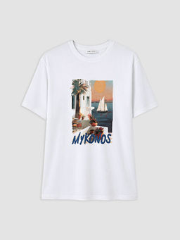 Bisiklet Yaka Mykonos Bask?l? Kad?n Ti??rt