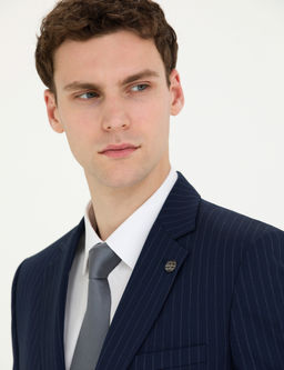 Lacivert Ekstra Slim Fit _izgili Tak_m Elbise