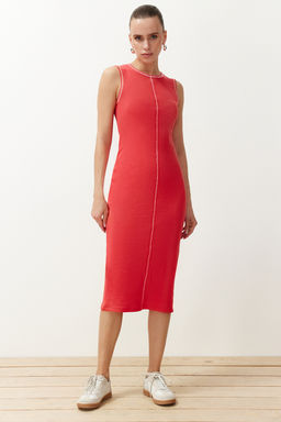 Nar Cicegi Fitted/Vucuda Oturan Karyoka Dikis Detayl? Fitilli Esnek Orme Midi Elbise TWOSS24EL00884 - Trendyolmilla фото 2