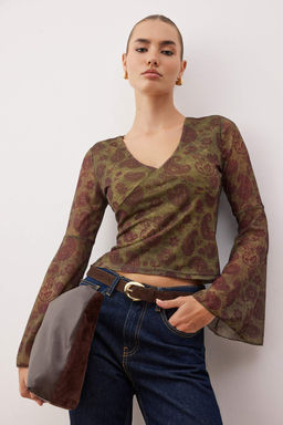 Cok Renkli Boho/Boho Chic Bask?l? V yaka Ispanyol Kol Tul Esnek Orme Bluz TWOAW26BZ00239 - Trendyolmilla фото 5