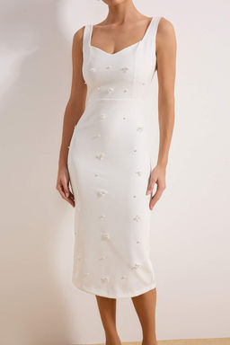 Beyaz Cicek Aplike Detayl? Astarl? Dokuma Dugun/Nikah Elbise TPRSS26EL00045