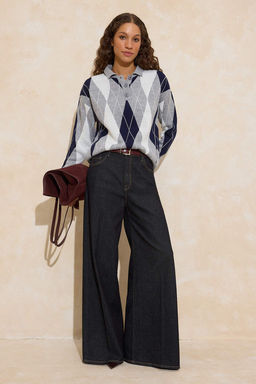 Gri Baklava Desenli Genis Kal?p Triko Kazak TWOAW26KZ00299