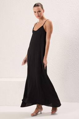 Siyah Duz Kesim V Yaka Maxi Dokuma Elbise TWOSS24EL00995