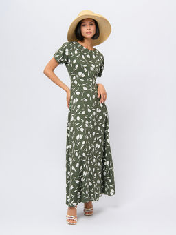 Платье цвета хаки с принтом и короткими рукавами - 1001dress фото 3