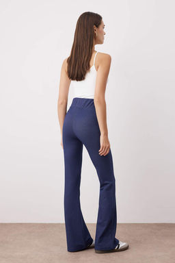 Lacivert Denim Gorunumlu Wideleg Yuksek Bel Esnek Orme Pantolon TWOAW26PL00030 - Trendyolmilla фото 4