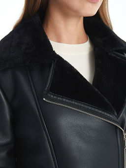 Kad?n Biker Yaka D?z Deri G?r?n?ml? Mont - Waikiki фото 3