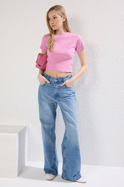 Trendyolmilla Beyaz Biye Detayl? Bisiklet Yaka Crop Fitilli Esnek Orme Bluz TWOAW21BZ0638 фото 19