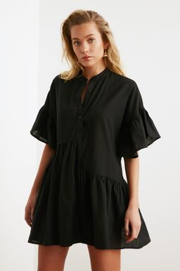 TRENDYOLMILLA Siyah Dokuma Flaml? Pamuk Genis Kal?p Mini Plaj Elbisesi TBESS20EL0873  фото 7