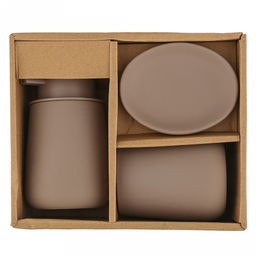 Набор для ванной "Эстетик" 3 предмета: дозатор для мыла 410мл; мыльница 11х8,6х2,2см; стакан для зубных щеток 410мл; фурнитура пластик, керамика, матовая глазурь, мокко, в коробке (Китай)