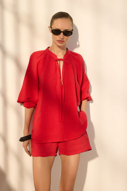 TRENDYOLMILLA K?rm?z? %100 Keten Hakim Yaka Gomlek TWOSS25GO00134