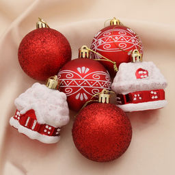 Ёлочные игрушки Праздник, шары новогодние, набор 6 шт. (4 шара, 2 домика) 6 см, красный - Зимнее волшебство фото 2