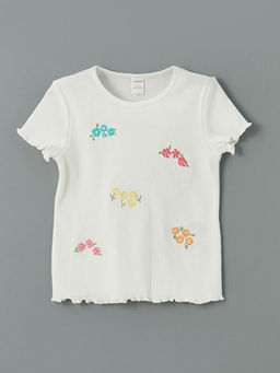 Bisiklet Yaka ?i?ekli K?z ?ocuk Ti??rt