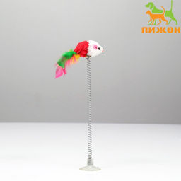 Дразнилка Мышь на присоске, искусственный мех с цветными перьями,24 см, мышь красная/белая