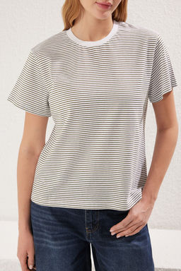 Haki Ekru Cizgili Premium Kal?n Pamuklu Basic Regular/Normal Kal?p Orme T-Shirt TWOSS23TS00043