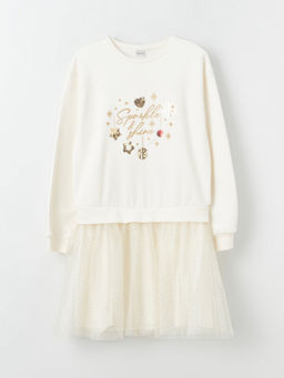 Bisiklet Yaka Bask?l? Uzun Kollu K?z ?ocuk Elbise