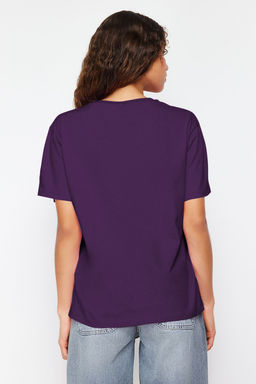 Mor %100 Pamuk Oversize/Genis Kal?p V Yaka Orme T-Shirt TWOSS23TS00003