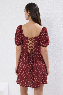 TRENDYOLMILLA Bordo Cicekli Etegi Belden Ac?lan Gipeli Mini Dokuma Elbise TWOSS25EL00400  фото 4