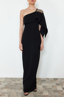 Siyah Vucuda Oturan Tas Aksesuarl? Tek Kol Dokuma Uzun Abiye Elbise TPRSS24AE00132 - Trendyolmilla фото 4