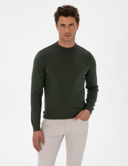 Koyu Haki Slim Fit _eyrek Yaka Basic Triko Kazak