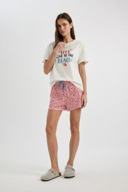 Fall in Love Pijama Tak?m? Regular Fit Bisiklet Yaka Bask?l? K?sa Kollu Ust Beli Lastikli Sort Alt