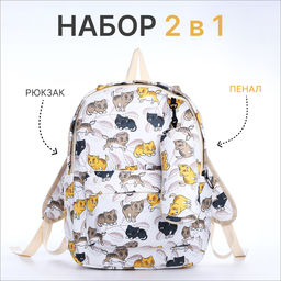 Рюкзак школьный для девочки CATS, с пеналом, 29×12×41 см, бежевый