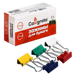 Цена за 5 шт. Набор зажимов для бумаг цветных 15мм, 12 штук, 5 цветов, в картонной коробке