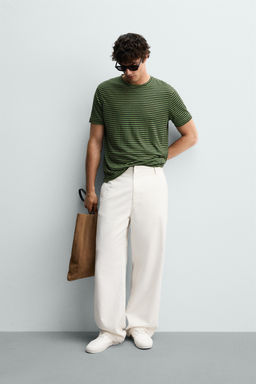 CAMISETA REGULAR FIT RAYAS MEZCLA LINO / Marr?n / Verde