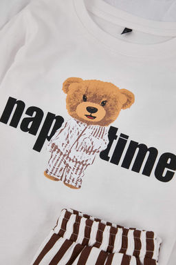 Bej Unisex Cocuk 100% Pamuk Bask?l? Regular Orme Pijama Tak?m? TKDAW26PT00001