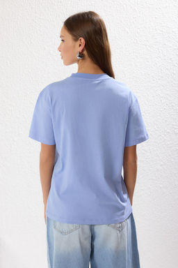 Ekru-Mavi 2li Paket %100 Pamuk Basic Dik Yaka Orme T-Shirt TWOSS20TS1500