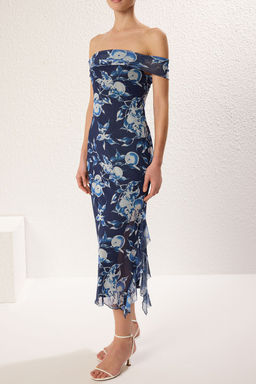 Mavi Tul Astarl? Cicek Bask?l? Carmen Yaka F?rf?rl? Vucuda Oturan Maxi Orme Elbise TWOSS25EL00074 - Trendyolmilla фото 4