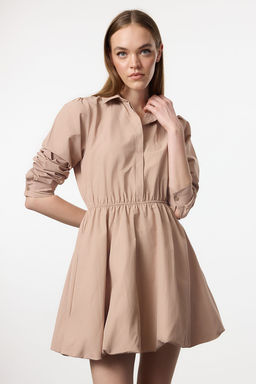 Camel Balon Etek Gomlek Yaka Mini Dokuma Elbise TWOAW25EL00489