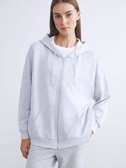 Kap??onlu Oversize Kad?n Kal?n Fermuarl? Sweatshirt